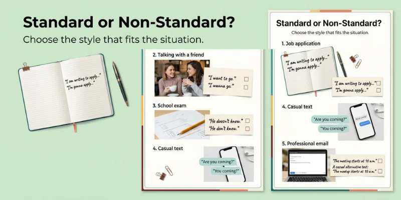Standard English And Non-Standard English Explained In Simple Words So You Finally Get The Difference Standard English and Non-Standard English practice exercise for different communication situations