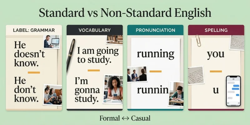Standard English And Non-Standard English Explained In Simple Words So You Finally Get The Difference Standard English and Non-Standard English differences in grammar, vocabulary, pronunciation, and spelling