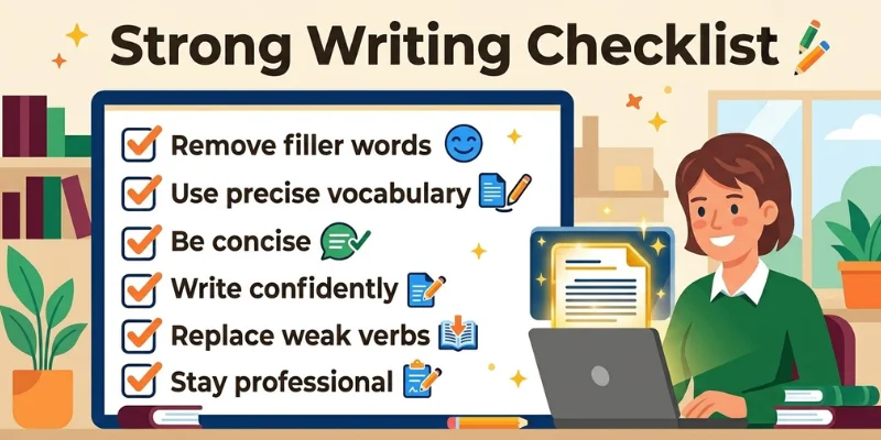 Words To Avoid In Writing: The Complete Guide To Clear, Confident, And Effective English Checklist infographic for strong writing showing clear vocabulary choices for confident and professional English communication.