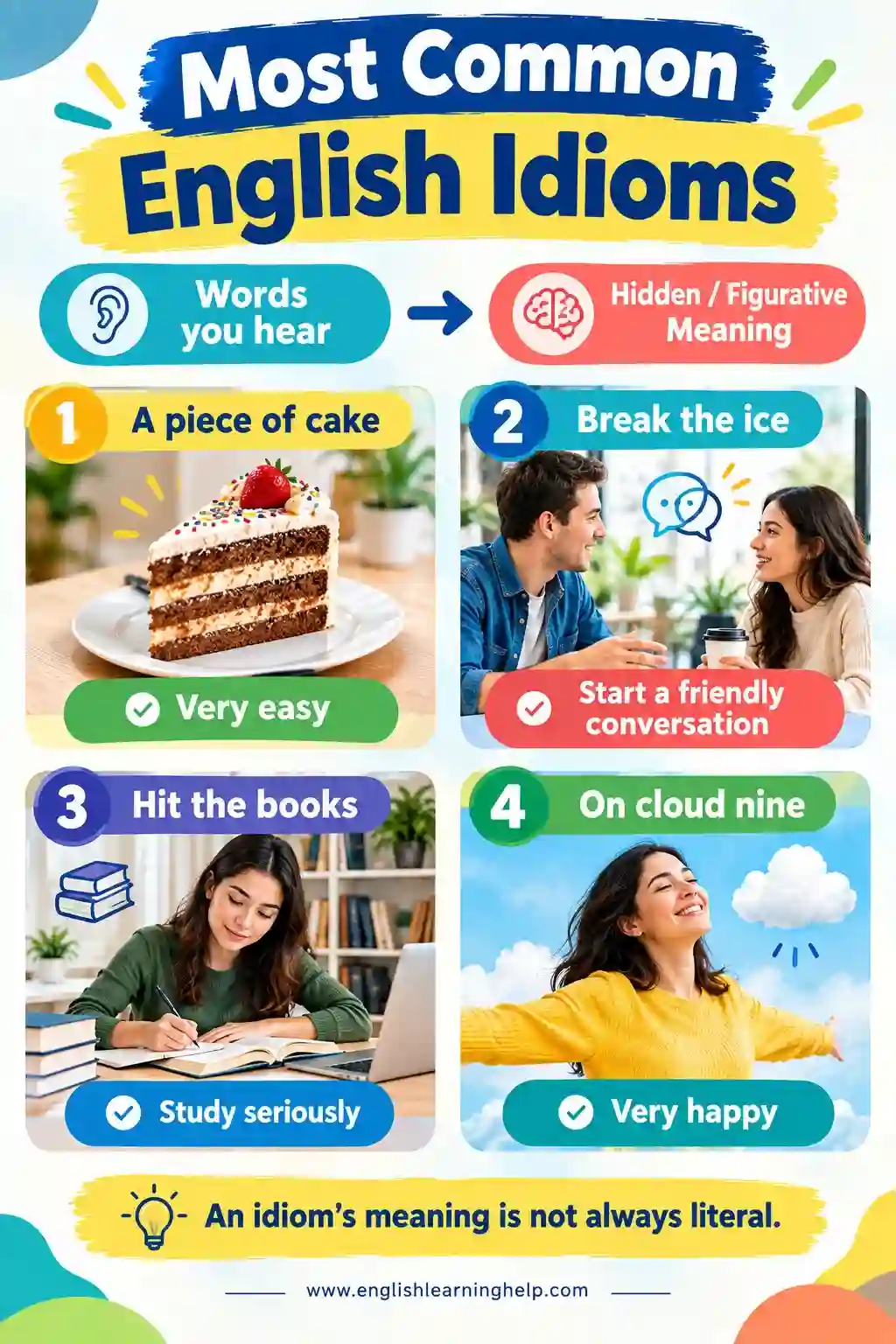 Most Common English Idioms: 50 Everyday Expressions With Meanings And Examples Most common English idioms explained with simple and easy visual examples.