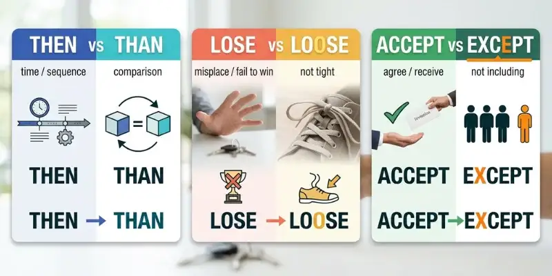 English spelling traps showing the differences between then and than, lose and loose, and accept and except
