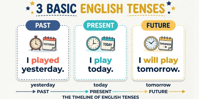 English grammar chart comparing present, past, and future tense with simple examples