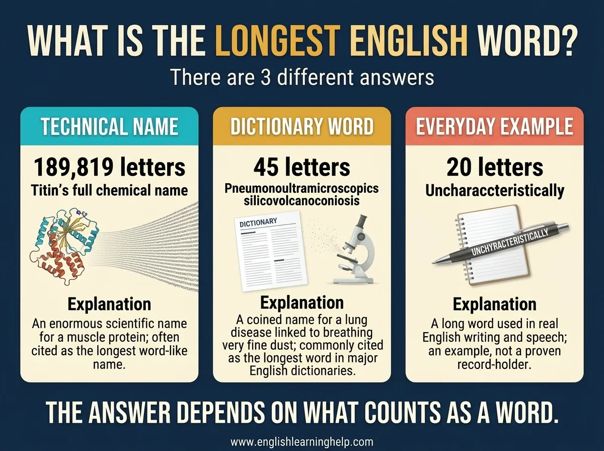 Three-part infographic comparing the titin chemical name at 189,819 letters, the 45-letter dictionary word, and uncharacteristically as a 20-letter everyday-use example.