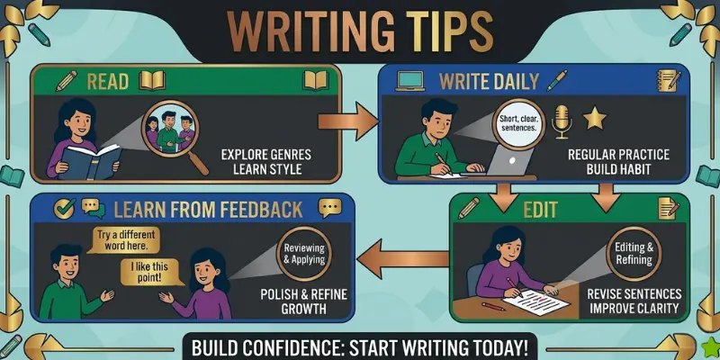 a clean and simple educational infographic titled “Writing Tips” including reading, write daily, learn from feedback and edit.