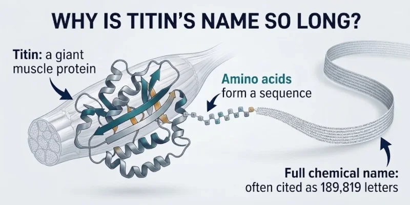 Alt text: Scientific illustration showing titin as a large muscle protein and explaining how its amino-acid sequence produces an extremely long chemical name.