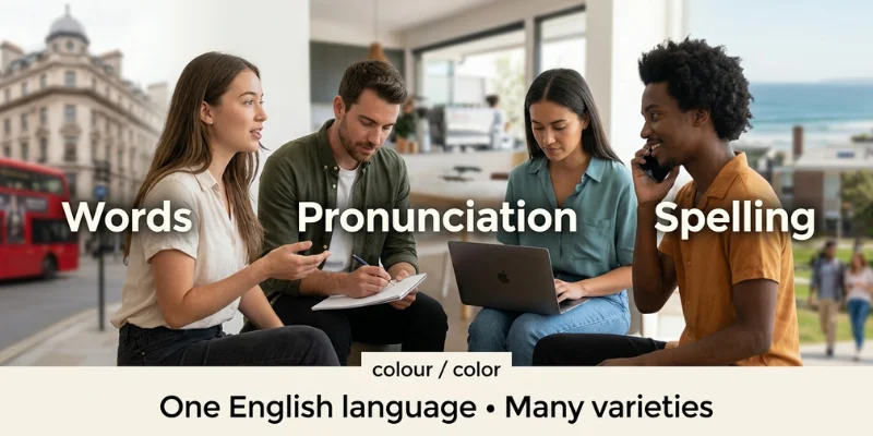 Types of English Language explained through differences in words, pronunciation, spelling, and usage