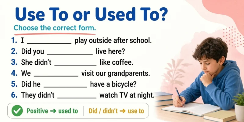Use To or Used To grammar exercises for English learners