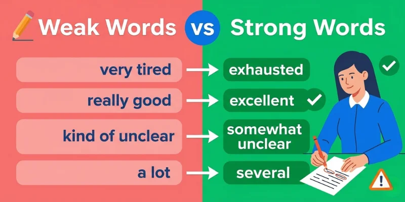 Words To Avoid In Writing: The Complete Guide To Clear, Confident, And Effective English Infographic comparing weak filler words and strong word alternatives to improve clear and effective English writing.