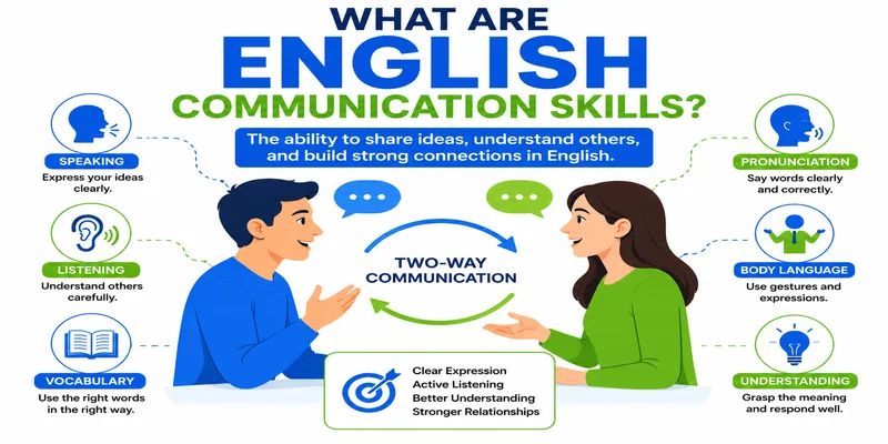 Educational infographic explaining English communication skills with speaking, listening, vocabulary, pronunciation, and body language icons.