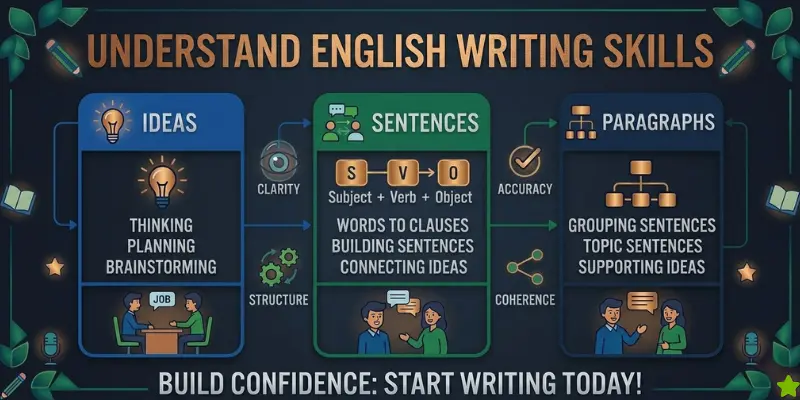 A simple infographic explaining English writing skills with the examples of ideas, sentences and Paragraphs.  