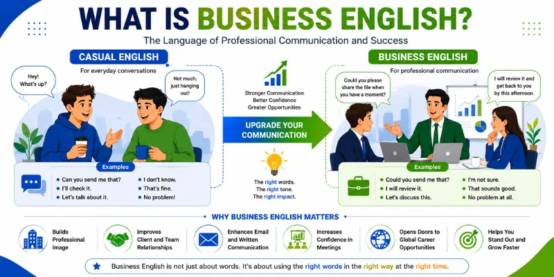 Comparison of casual English and Business English communication with office meeting, email, presentation, and professional vocabulary.