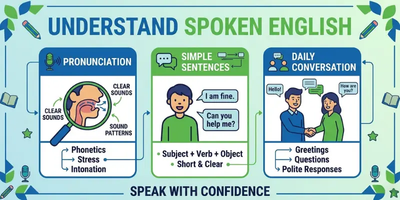 Spoken English: Master Everyday Conversations And Speak Confidently a simple infographic explaining Spoken English