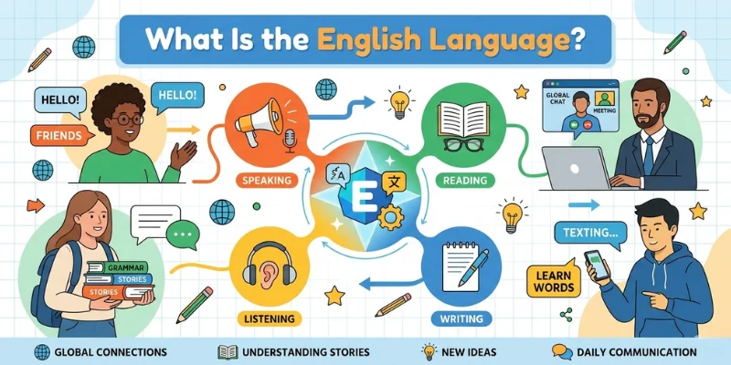The English Language Explained: Types, History, And Global Power Educational infographic explaining what the English language is and how it helps people communicate globally.