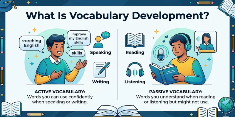 English Vocabulary Development: A Practical Guide For Learners Infographic explaining active and passive English vocabulary development with speaking, reading, writing, and listening examples.