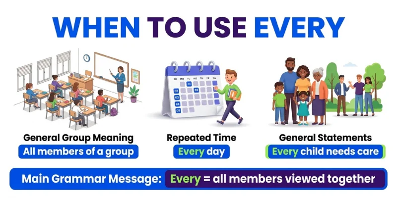 Each Vs Every: Clear Grammar Guide With Examples For English Learners When to use every in English grammar with groups, general statements, and time expressions