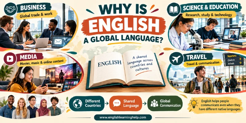 Why English Is A Global Language And Why It Still Matters Why English is a global language infographic showing business, science, media, travel, and communication