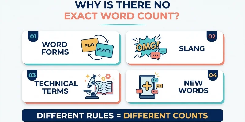 Infographic showing word forms, slang, technical terms, and new words as reasons English word counts differ.