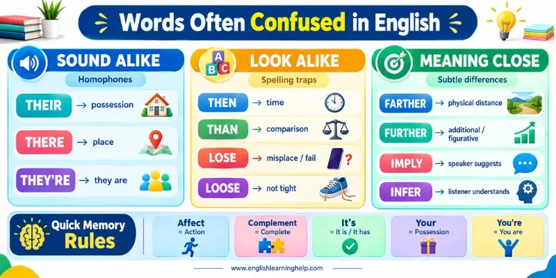 Words often confused in English cheat sheet covering homophones, spelling traps, and subtle meaning differences
