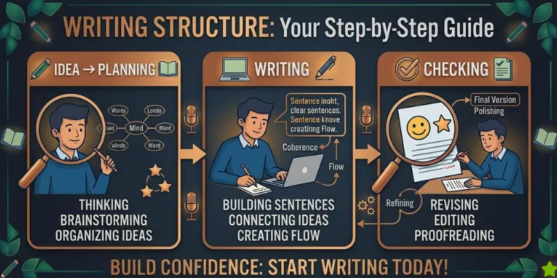 A clean diagram showing writing structure step-by-step including idea, planning, writing and checking.