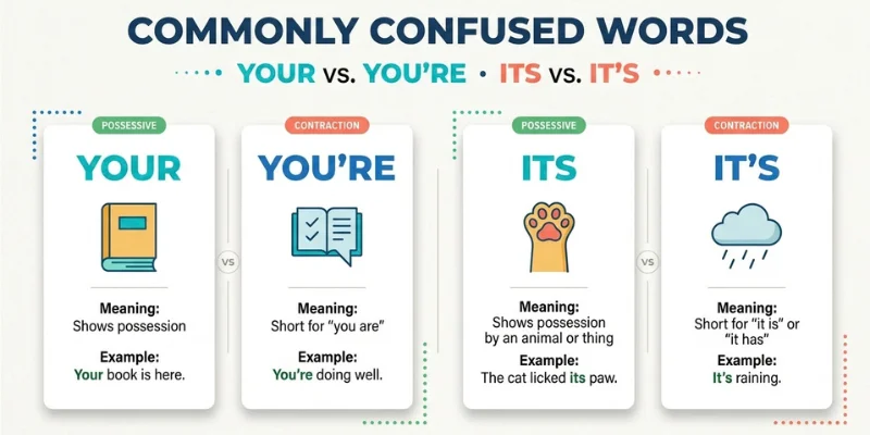 English grammar infographic explaining the differences between your and you’re, and its and it’s